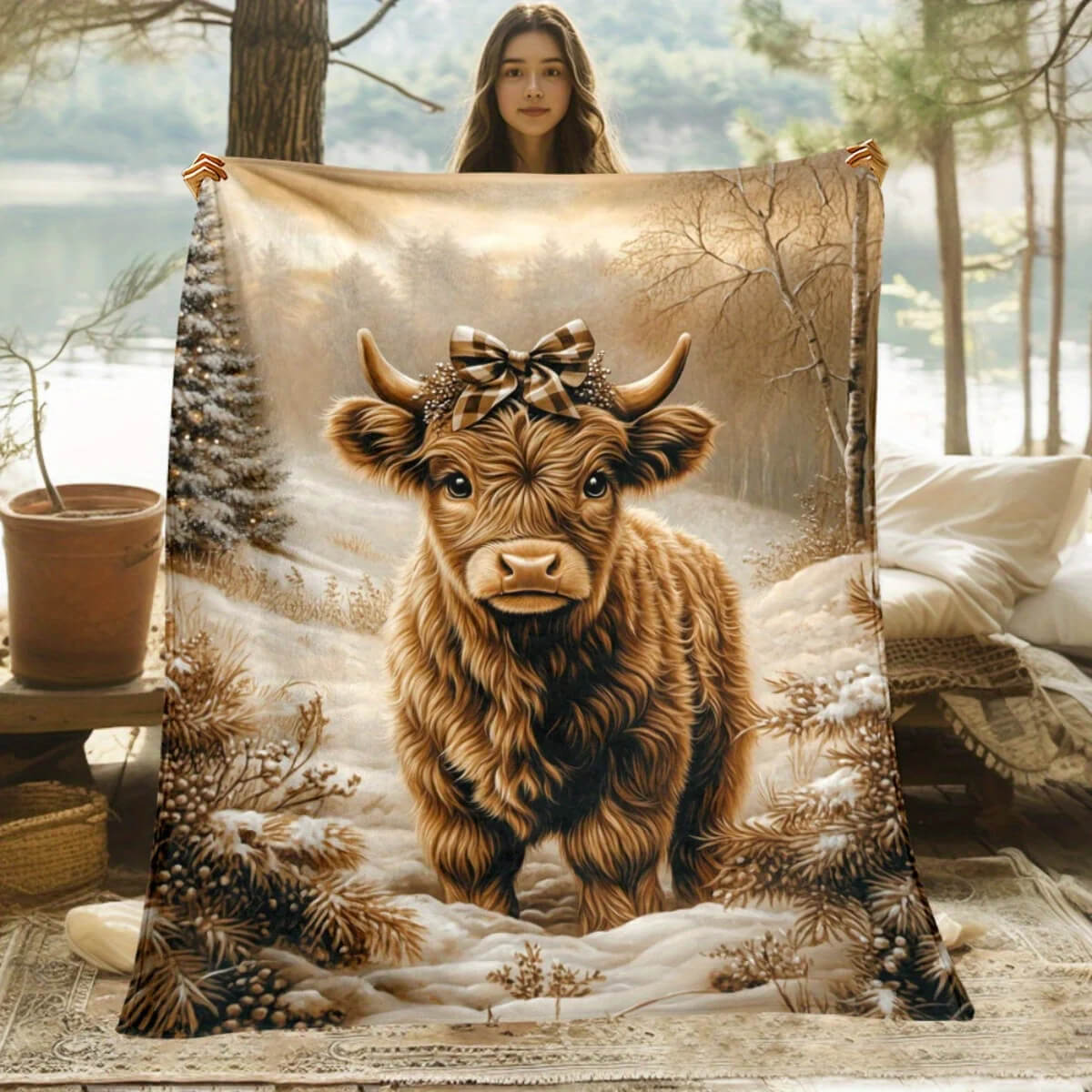Soft flannel Highland cow blanket gift