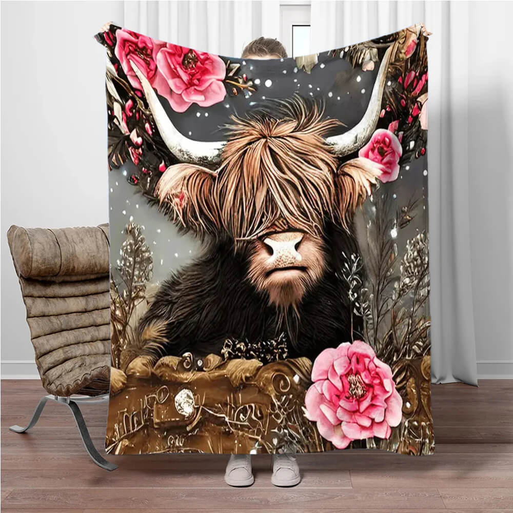 Highland cow themed flannel blanket