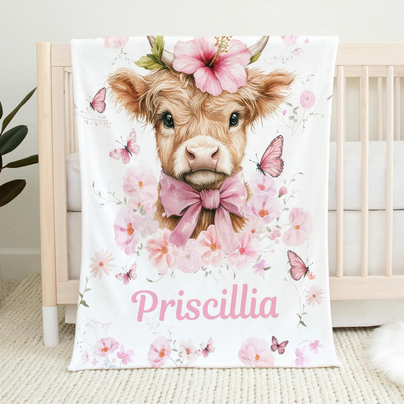 Highland Cow Personalized Baby Blanket - Custom Name Blanket for Girls - Shower Gift