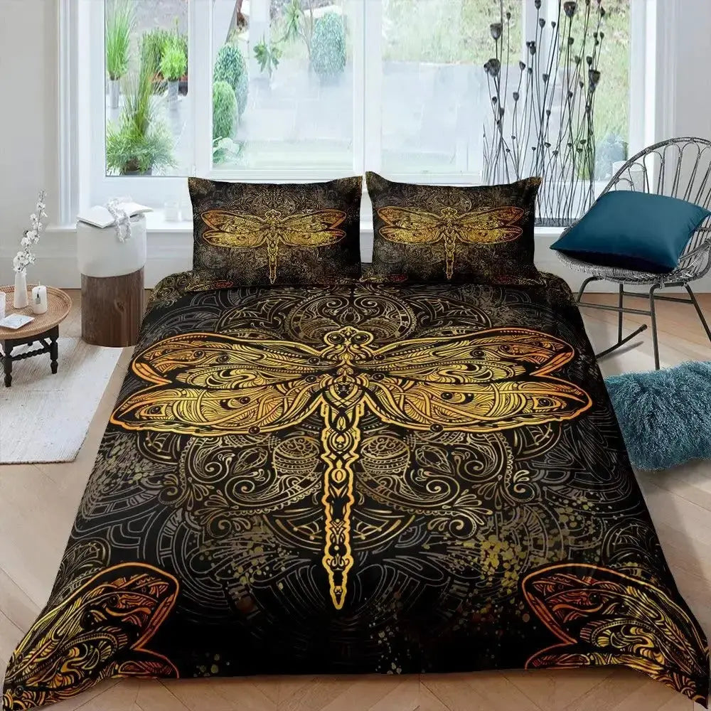 Hippie dragonfly mandala paisley duvet cover on king size bed