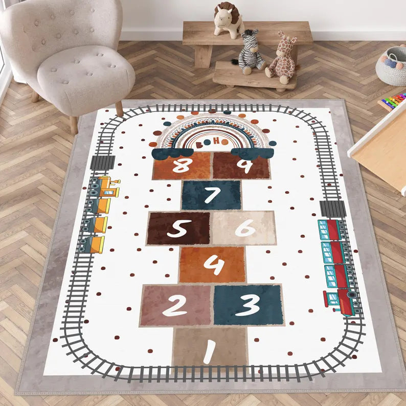 
Hopscotch Desing Kids Rug, Hopscotch Train Track Design Kids Play Mat, Train Desing Playroom Rug, Hopscotch Rug, Educational Fun Kids Carpet