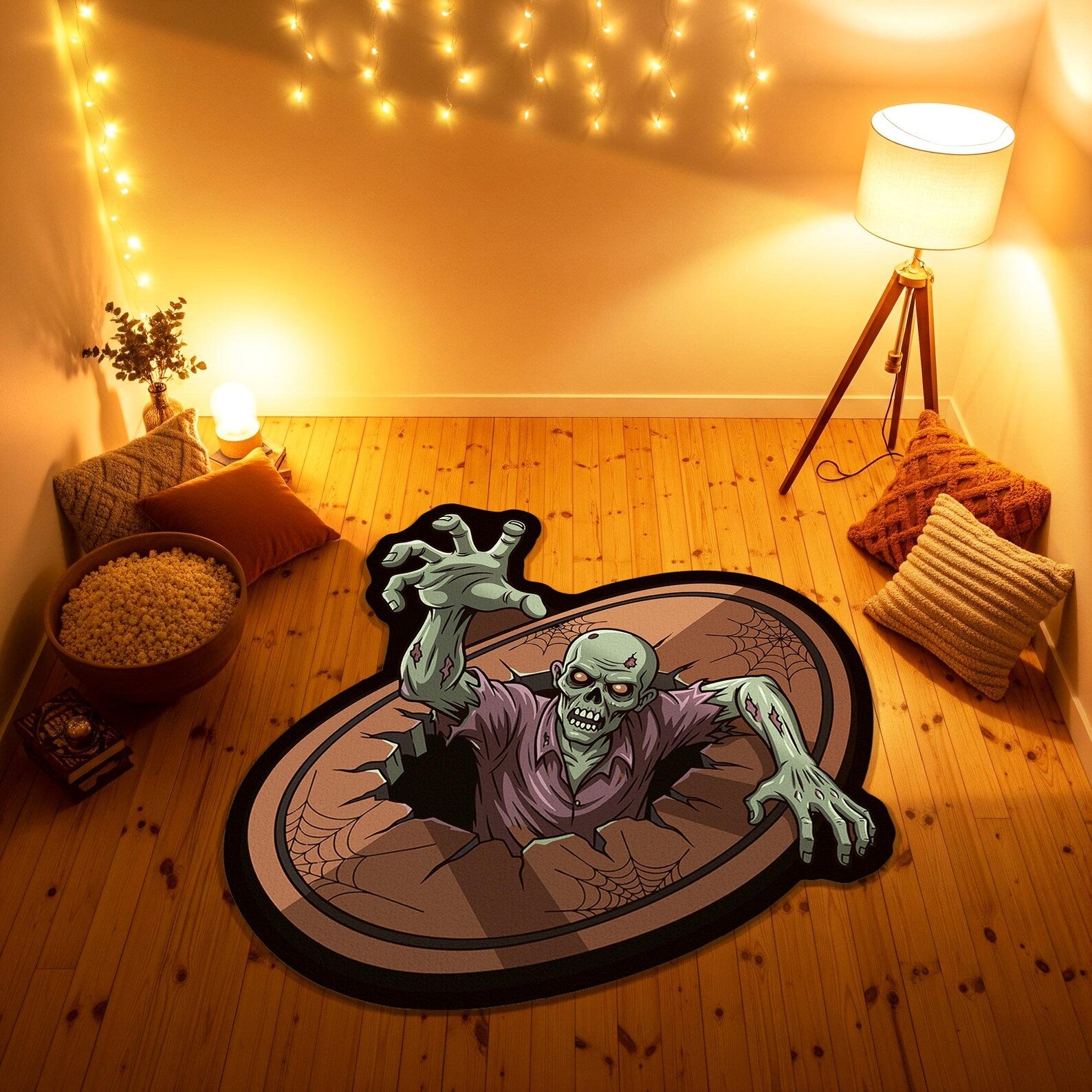 Horror-themed decor of a corpse rising through wooden floor
