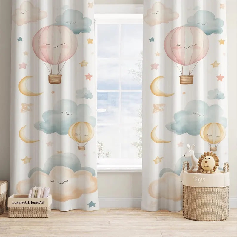 Hot Air Balloon Nursery Curtain: Clouds & Stars Baby Girl Room Decor