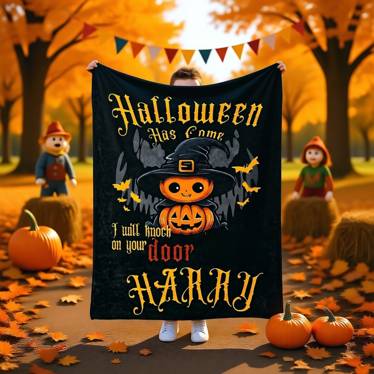 Child snuggling with personalized Halloween blanket featuring pumpkins and ghosts