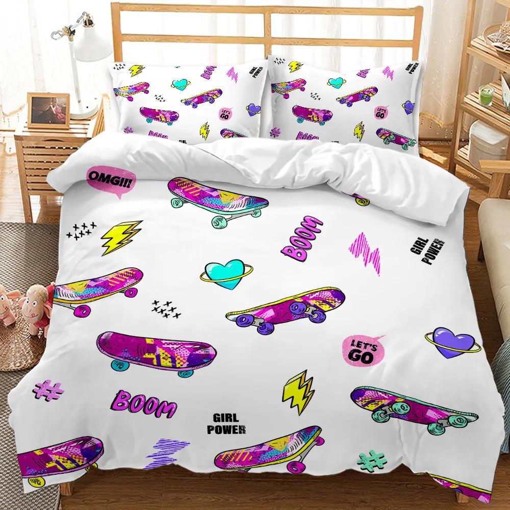 Bedding set with colorful skateboard and text design on a bed.
