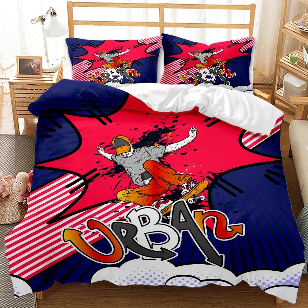 Bedding set with a skateboarder design and 'Urban' text on a bed in a bedroom.