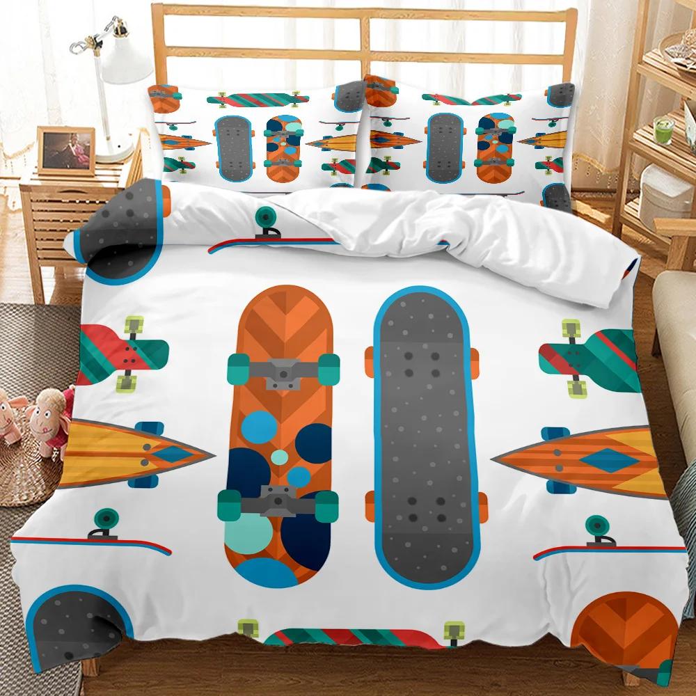 Bedding set with skateboard design on a bed in a room.