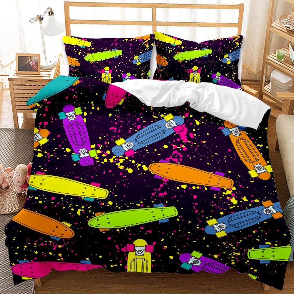 Colorful skateboard pattern on a bedspread with pillows in a bedroom setting.