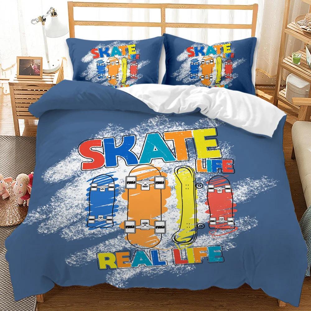 Bedding set with 'Skate Life Real Life' design on a bed in a room.