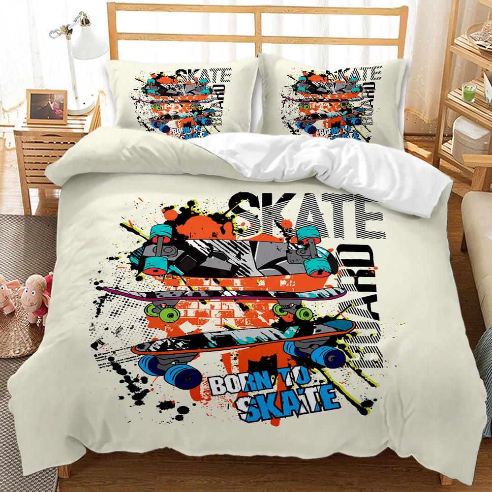 Skateboarding-themed bedding set on a bed in a bedroom.