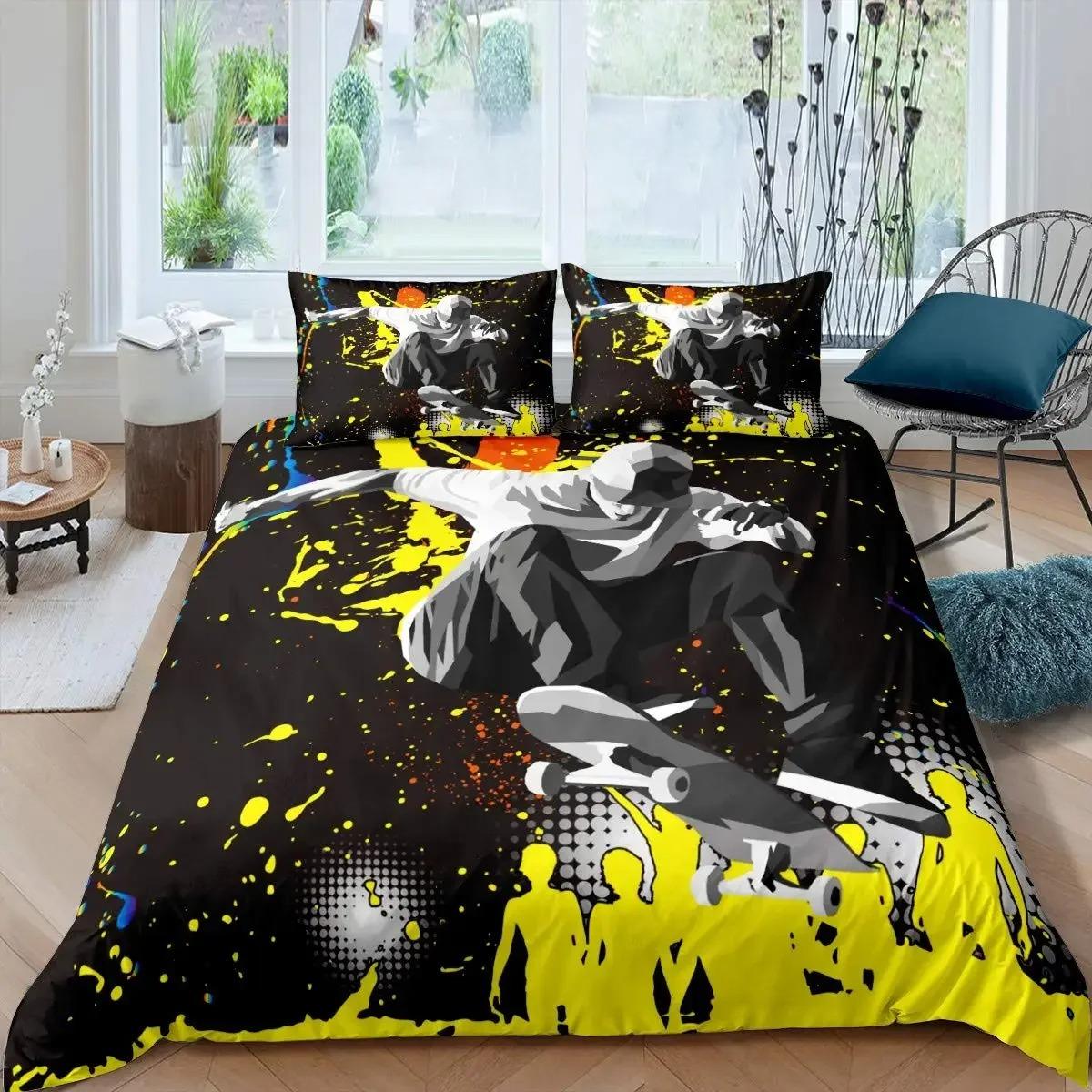 Skateboarding-themed bedding set in a room with a window and chair.
