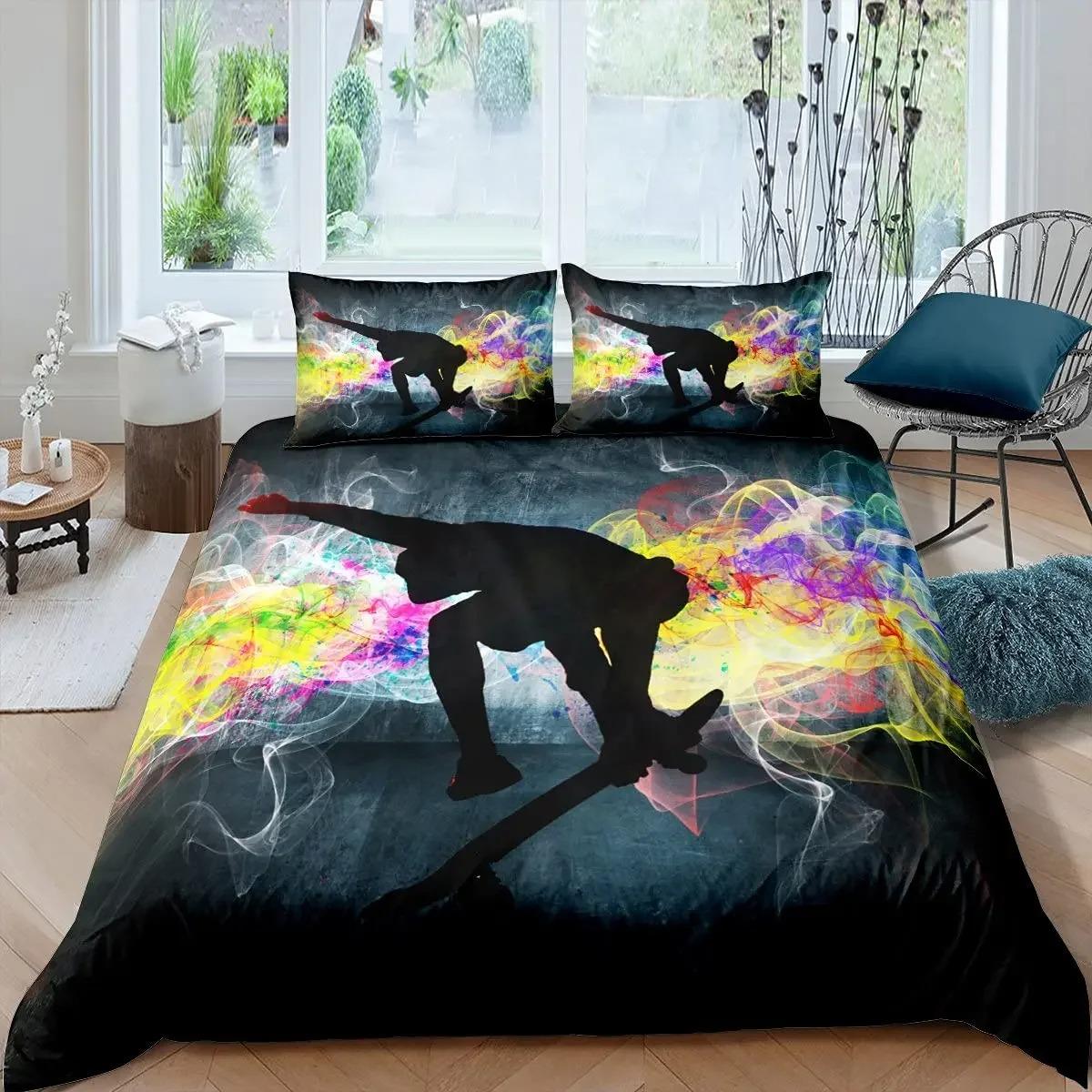 Bedding set with colorful abstract designs and silhouette of a person on a bed in a room.