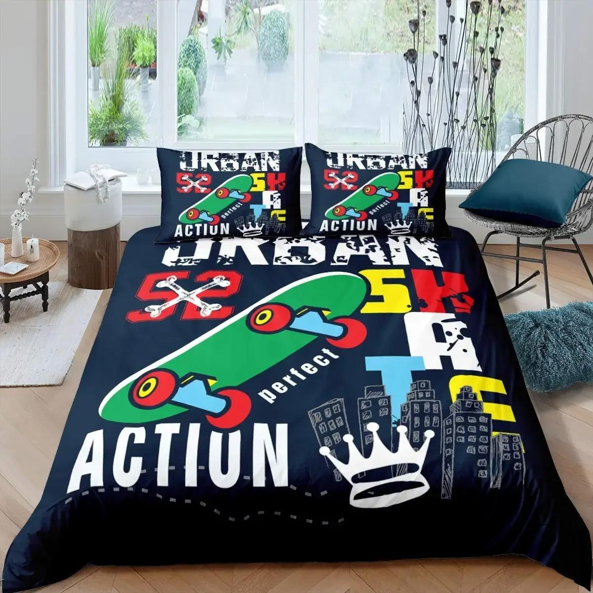 Bedding set with skateboard design and text in a bedroom setting