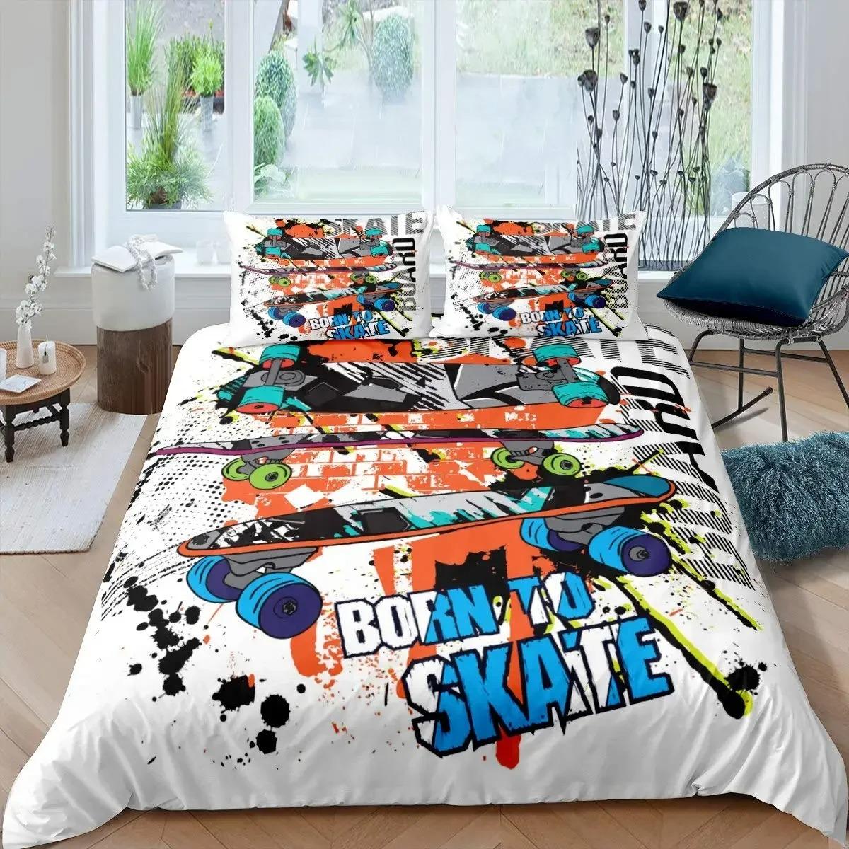 Bedding set with skateboard design and 'Born to Skate' text in a room with a window and chair.