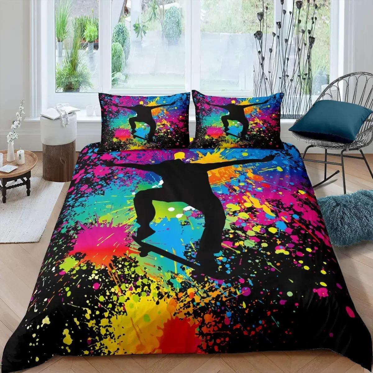 Colorful skateboard-themed bedding set in a room with a window and chair.