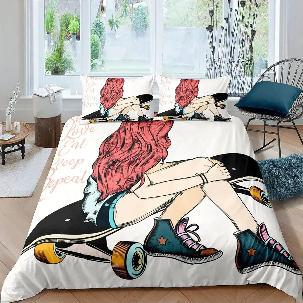 Bedding set with a design of a girl on a skateboard in a bedroom setting