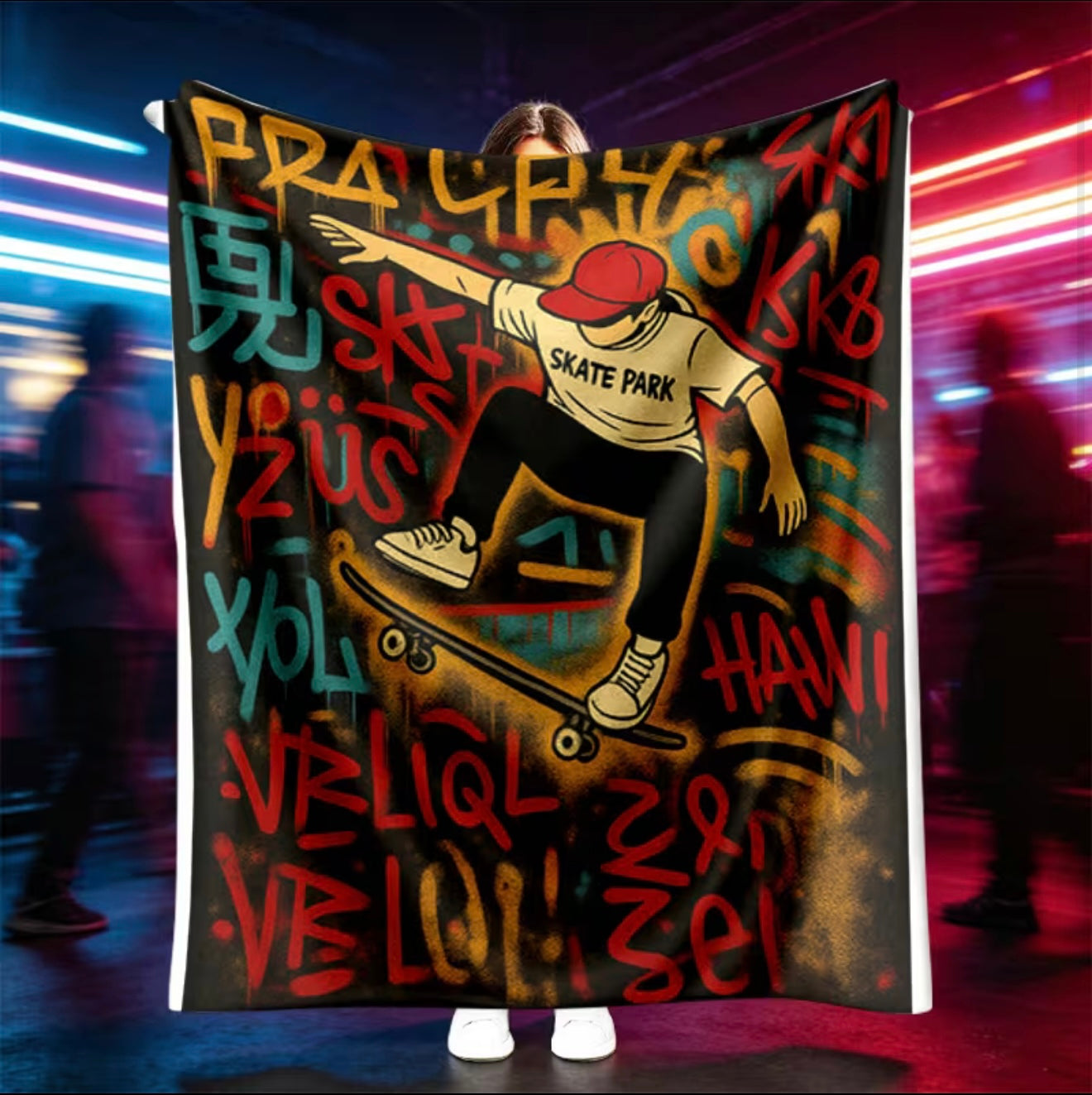 Person holding a blanket with a skateboarder design and colorful text against a blurred background.