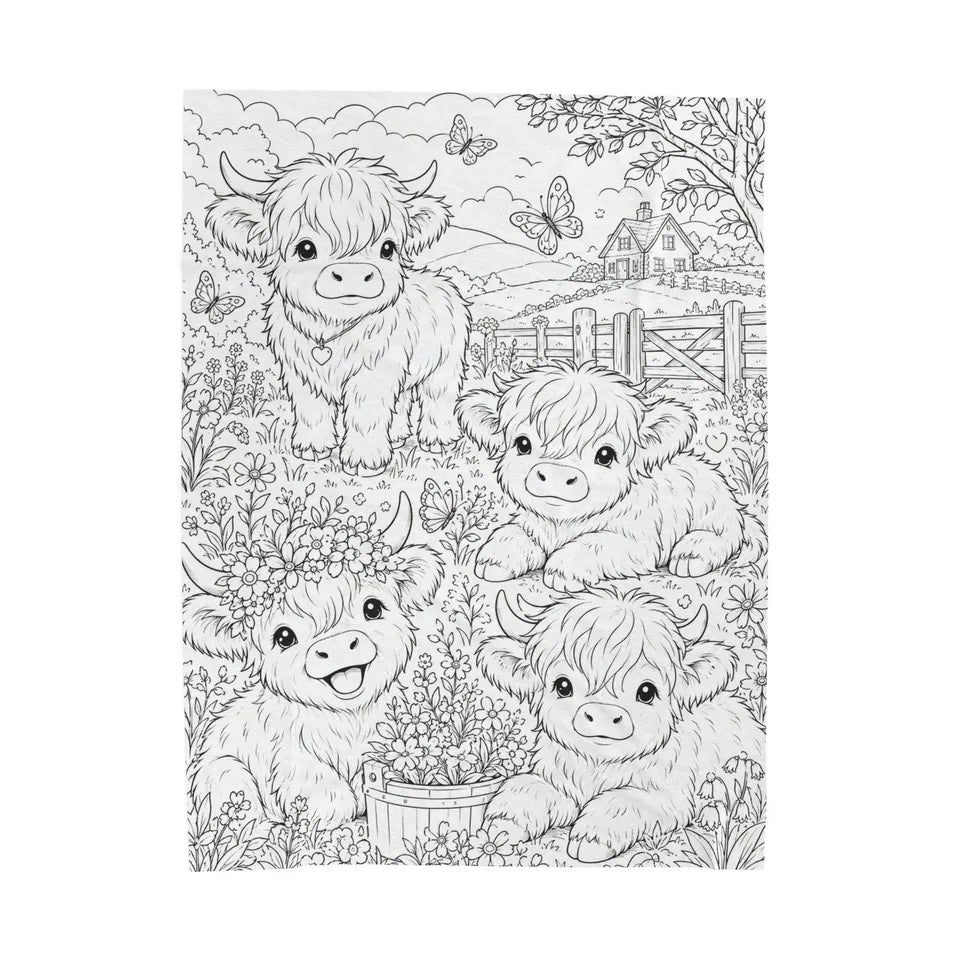 A black and white line art illustration of four fluffy Highland cows in a rural landscape with flowers, butterflies, a fence, trees, and a small house, shown on a white background.