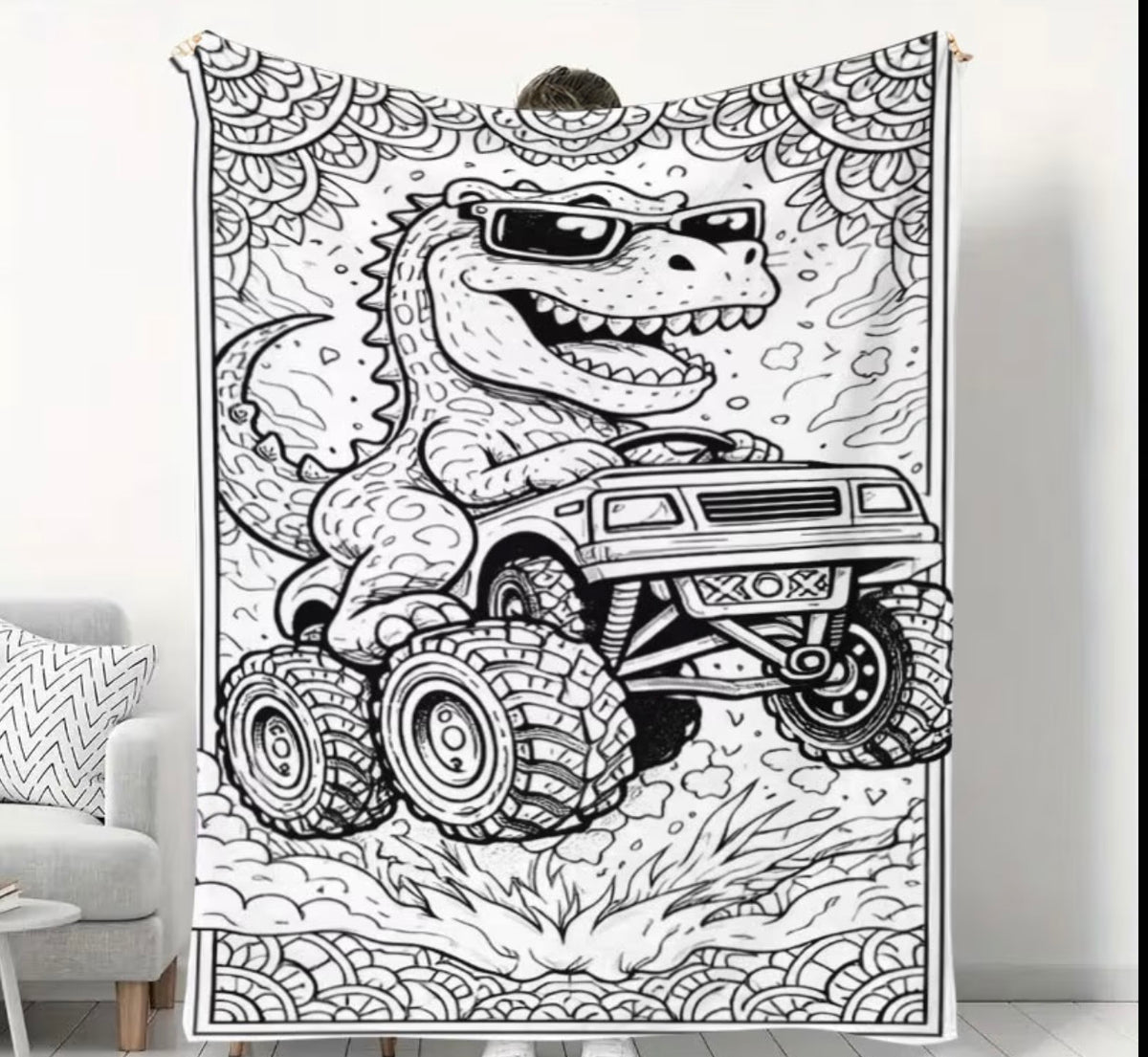 monster truck dinosaur coloring blanket for boys