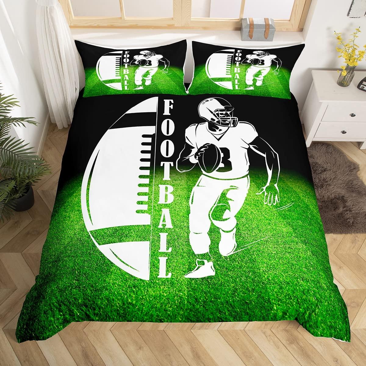 A bed made up with a football-themed bedding set featuring a black and bright green design with a large football graphic, the word 'FOOTBALL', and a running player illustration. The set includes two matching pillowcases, shown in a styled bedroom setting.