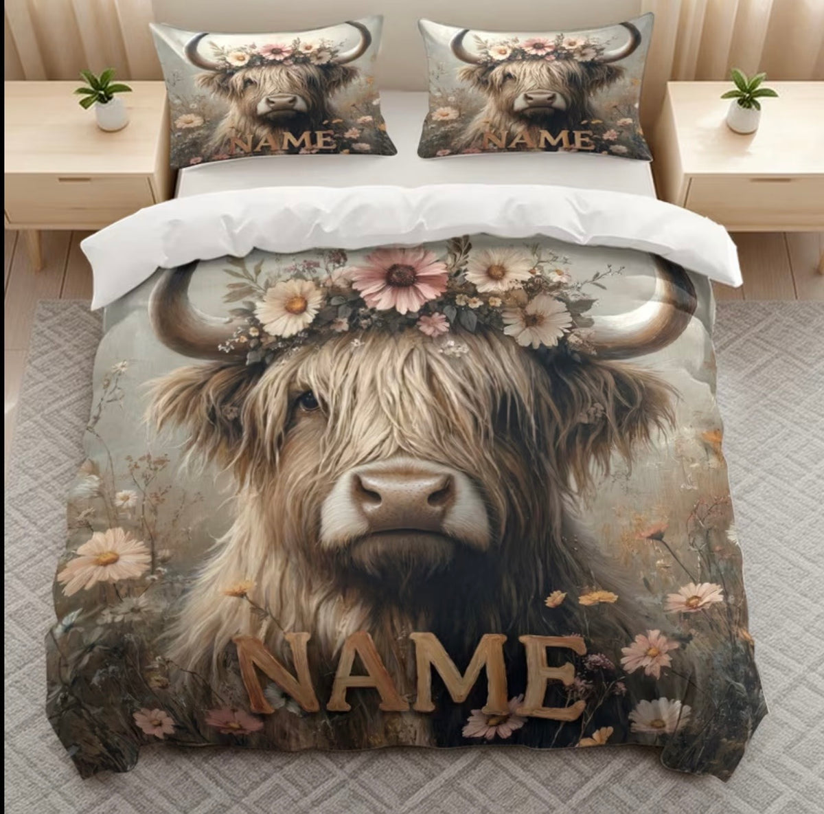 Personalized Highland Cow Quilt Cover – Custom Farmhouse Bedding Set