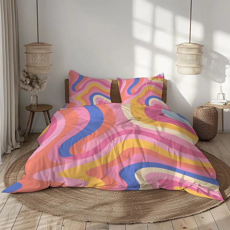 Vintage 70’s Bedding Set – Retro Pattern Duvet Cover &amp; Pillow Cases | Mid-Century Style
