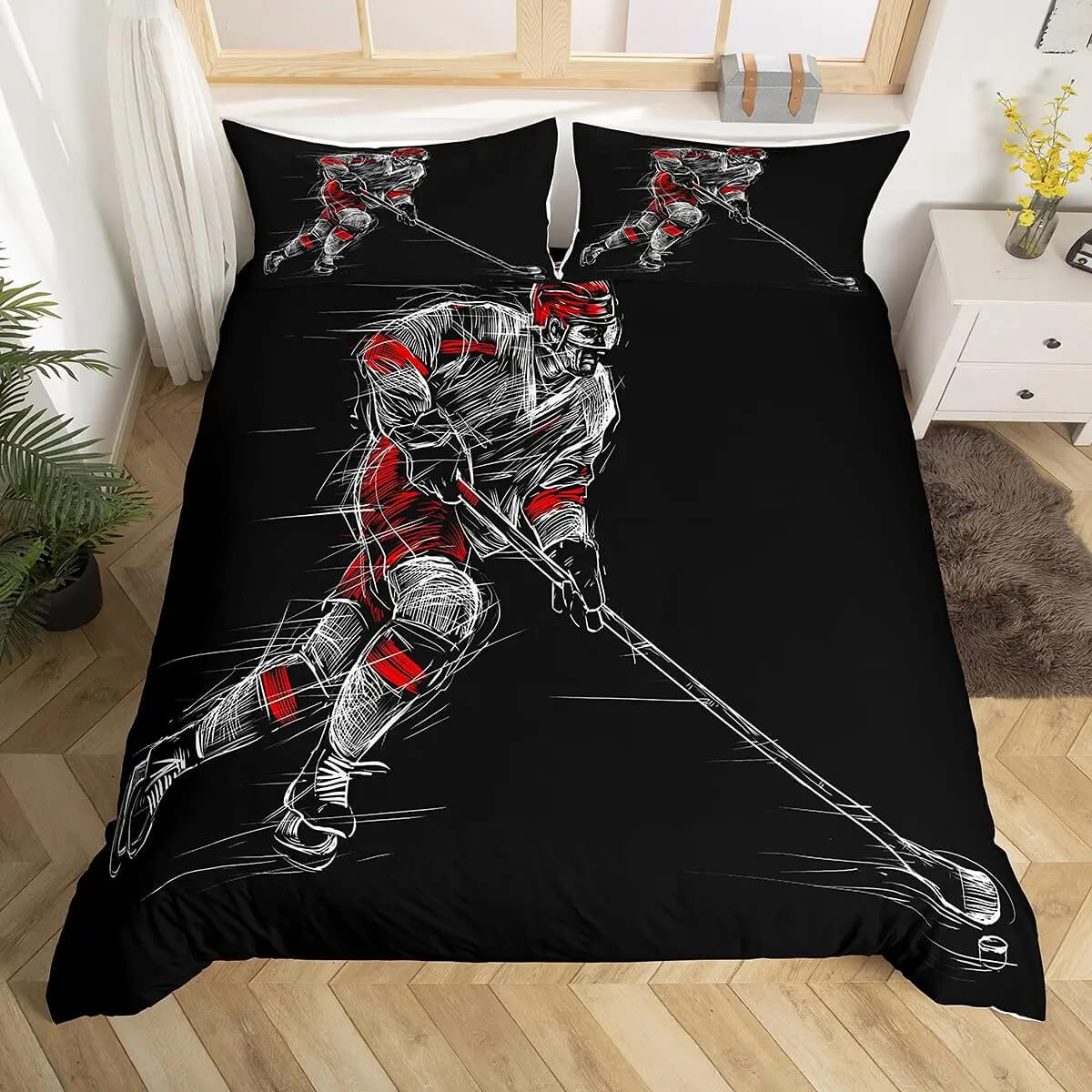 Sports Bedding Set with Hockey Player Print