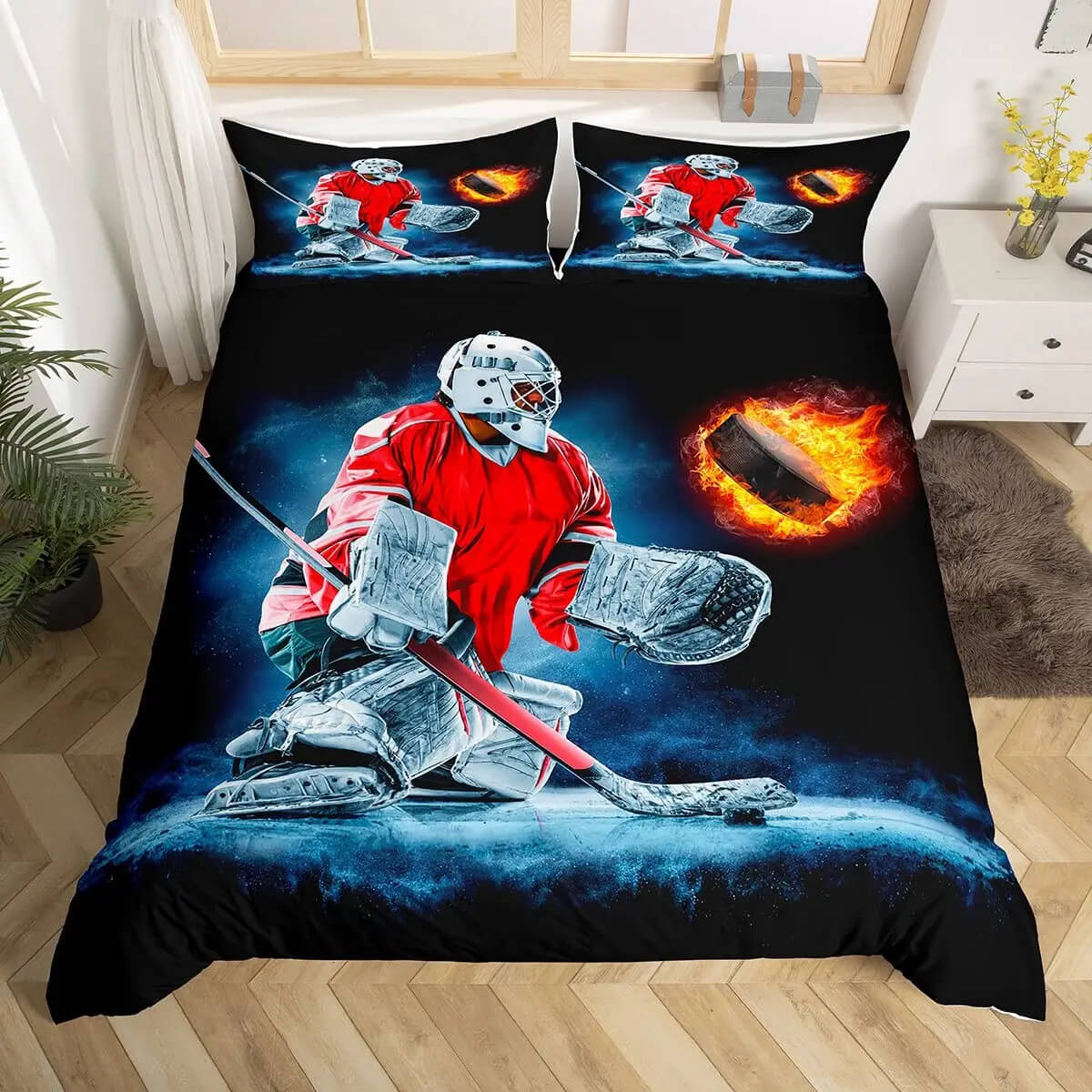 Blue Ice Hockey Pattern Comforter Cover for Boys