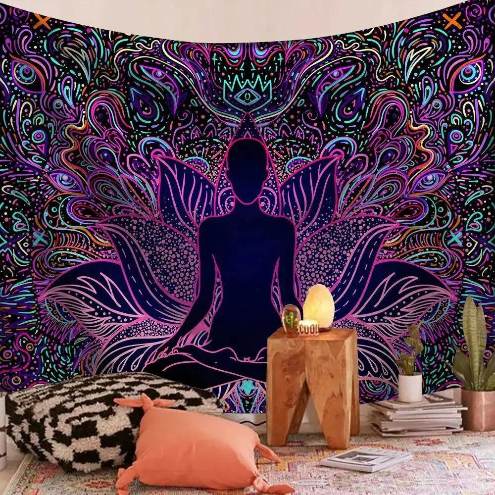 Indian Mandala Tapestry used as a bedspread in a boho bedroom