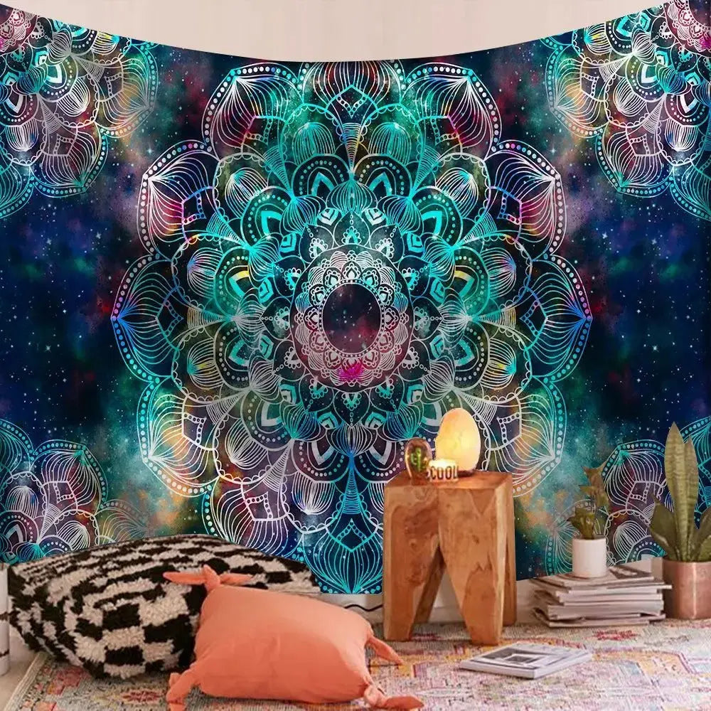 Indian Mandala Tapestry adding warmth to a cozy coffee shop wall