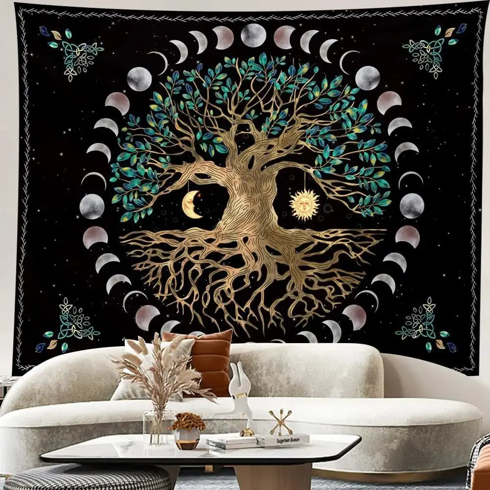 Indian Mandala Tapestry hanging above a bed in a college dorm room