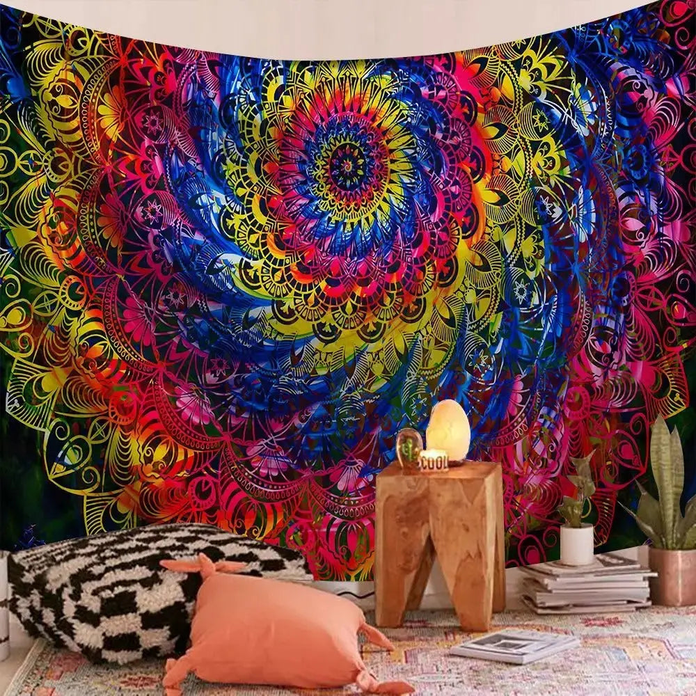 Boho Indian mandala meditation tapestry used as a floor mat