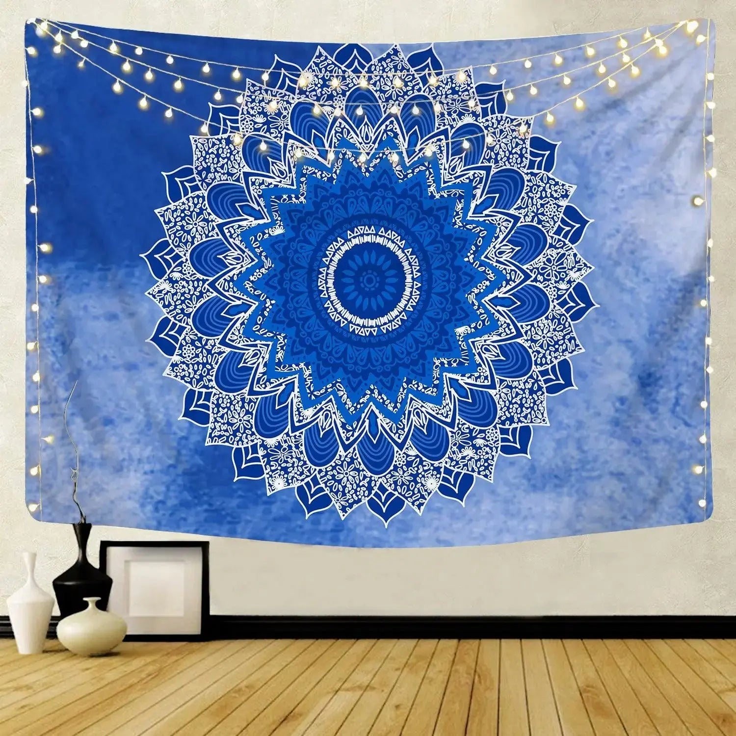 Bohemian Indian mandala blanket spread at a park picnic setting