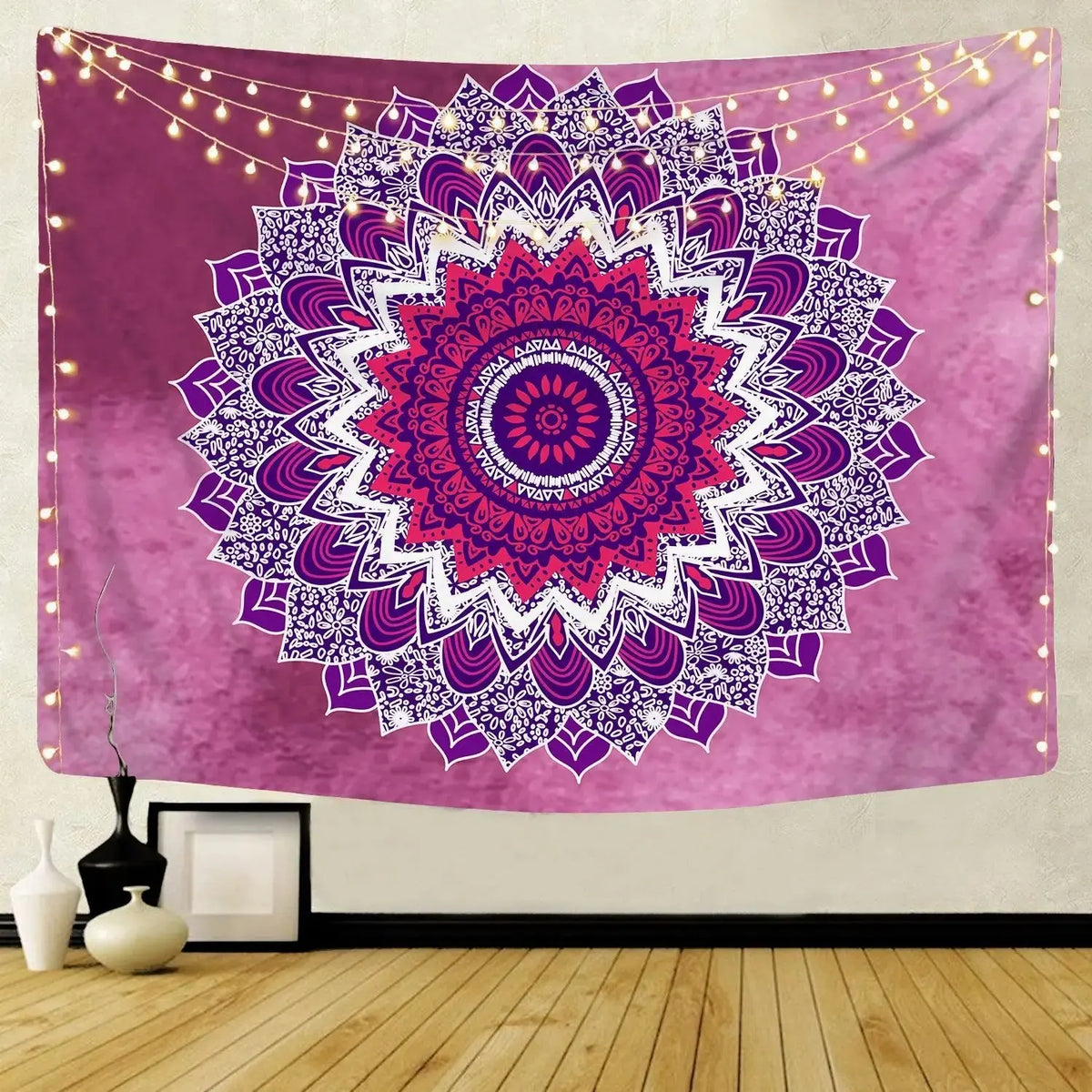 Indian Mandala Tapestry laid outside a camping tent under the sun