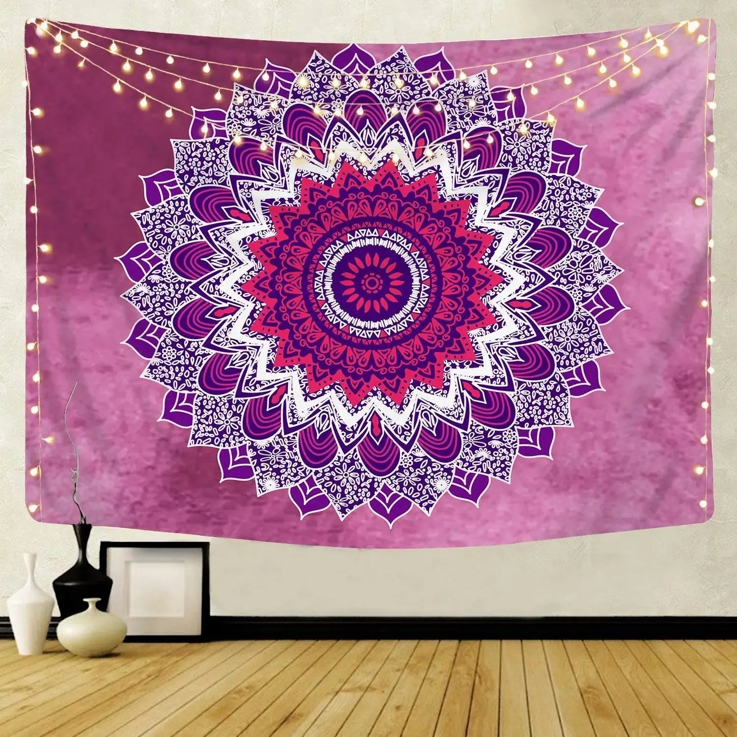 Indian Mandala Tapestry laid outside a camping tent under the sun
