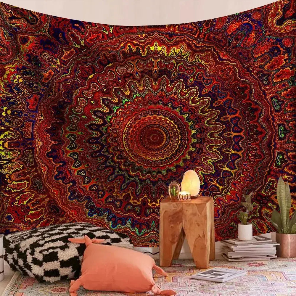 Indian Mandala Tapestry covering a travel mattress in a cozy camper van