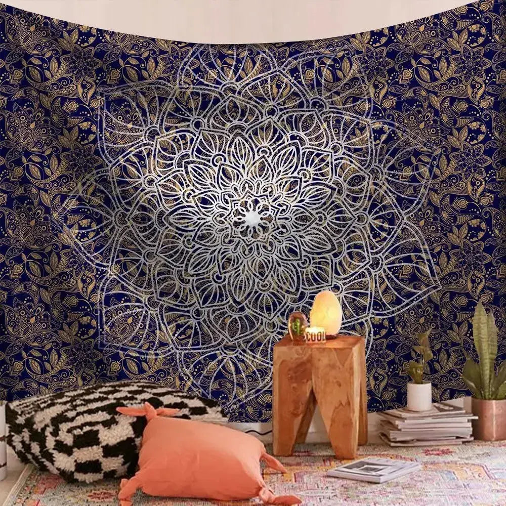 Sacred Indian mandala wall flag hanging in a spiritual home altar