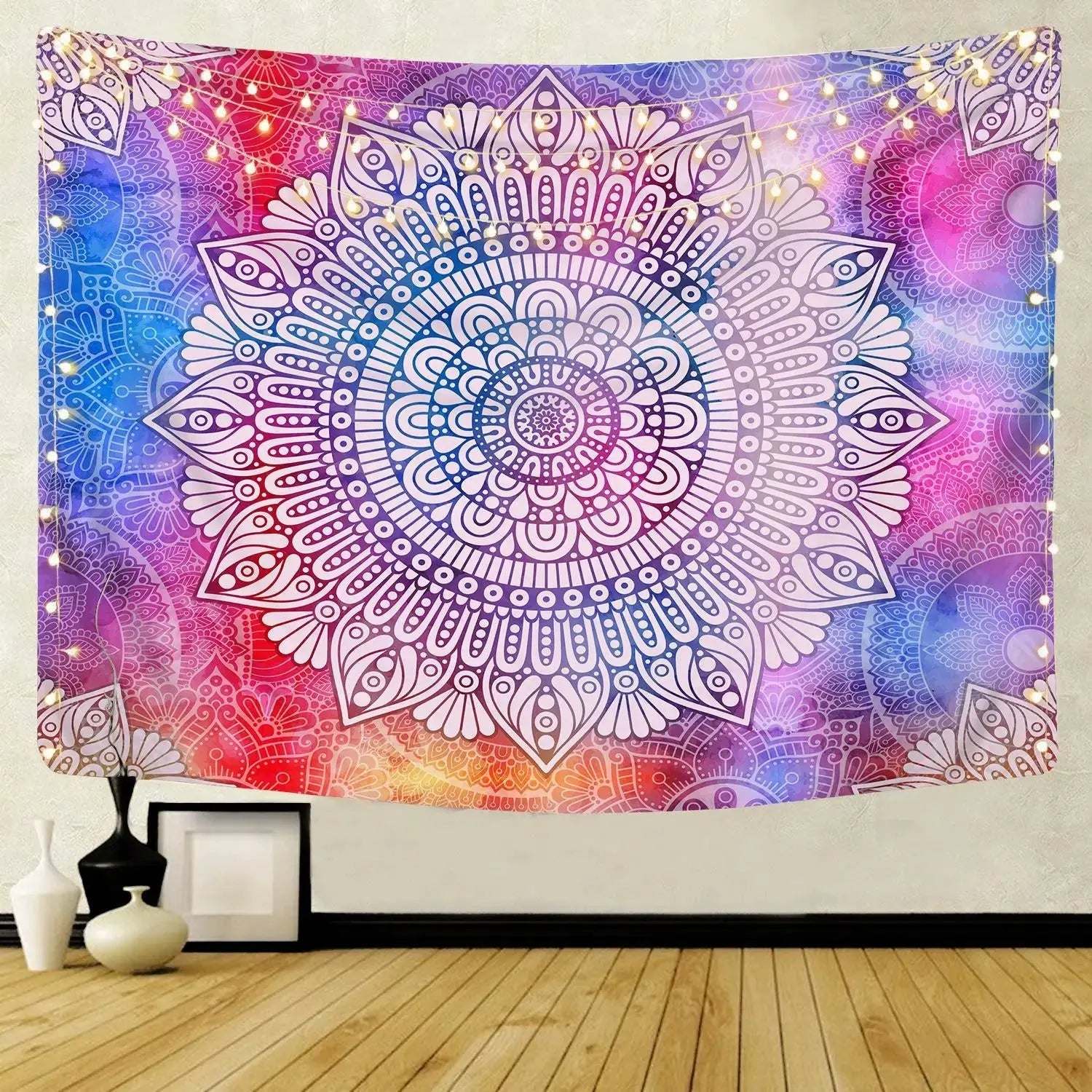 Indian mandala wall print tapestry hanging in a peaceful reading room