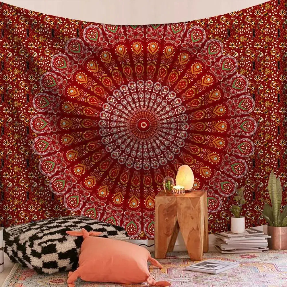 Indian Mandala Tapestry spread out as a yoga blanket in studio