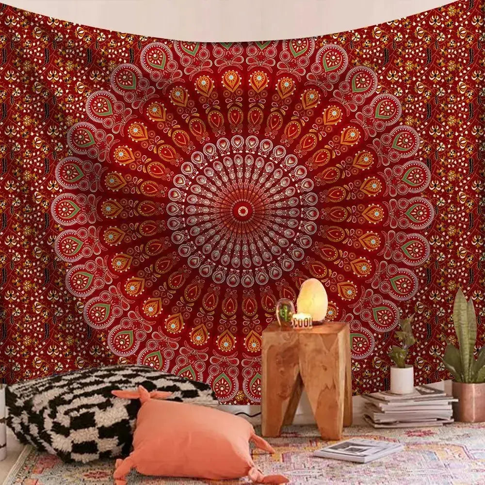 Indian Mandala Tapestry spread out as a yoga blanket in studio