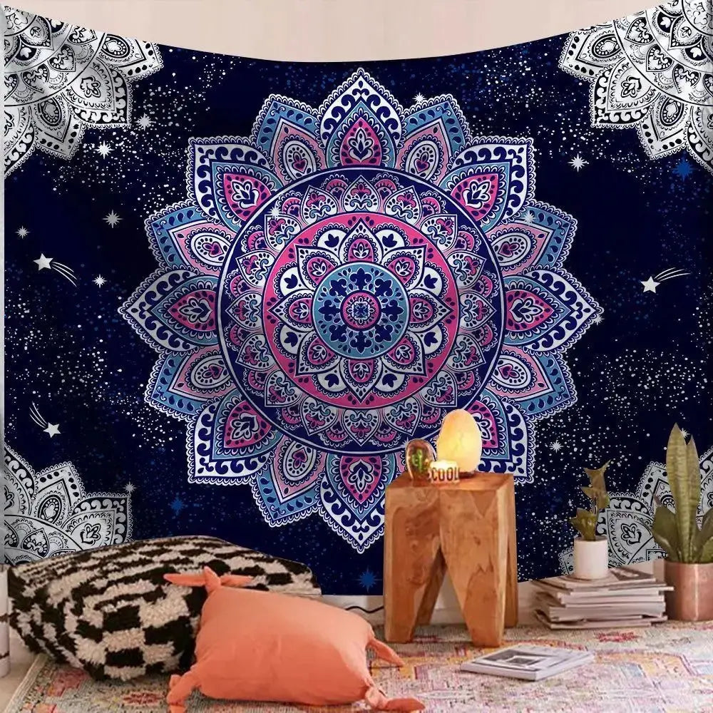Indian mandala yoga cloth laid over a fitness mat during home practice