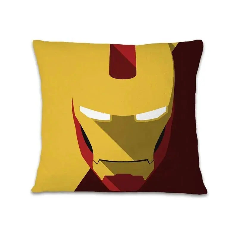 Iron Man cushion cover placed on a bed with Marvel-themed bedding and decor