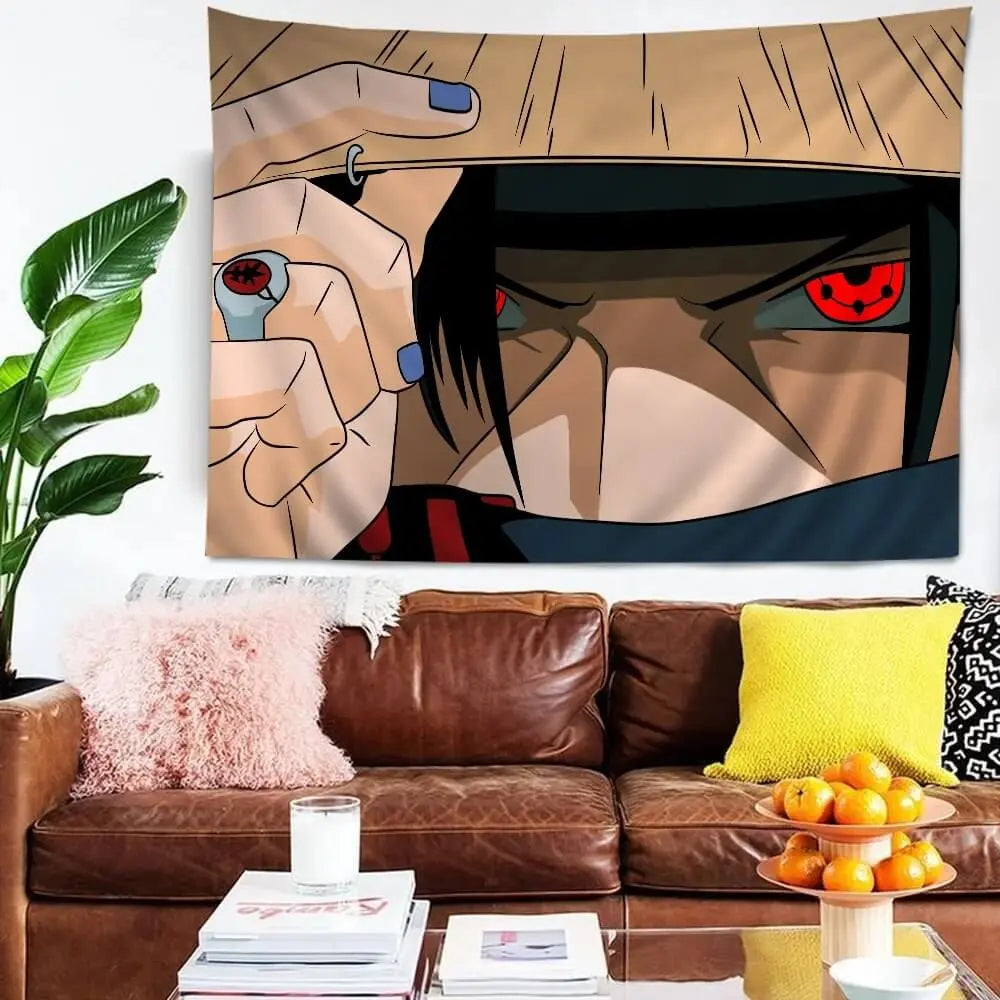 Anime-themed wall tapestry hanging above a brown sofa with colorful cushions.