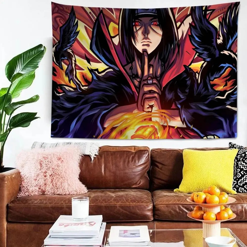 Colorful tapestry with an anime character hanging above a brown sofa with decorative pillows.