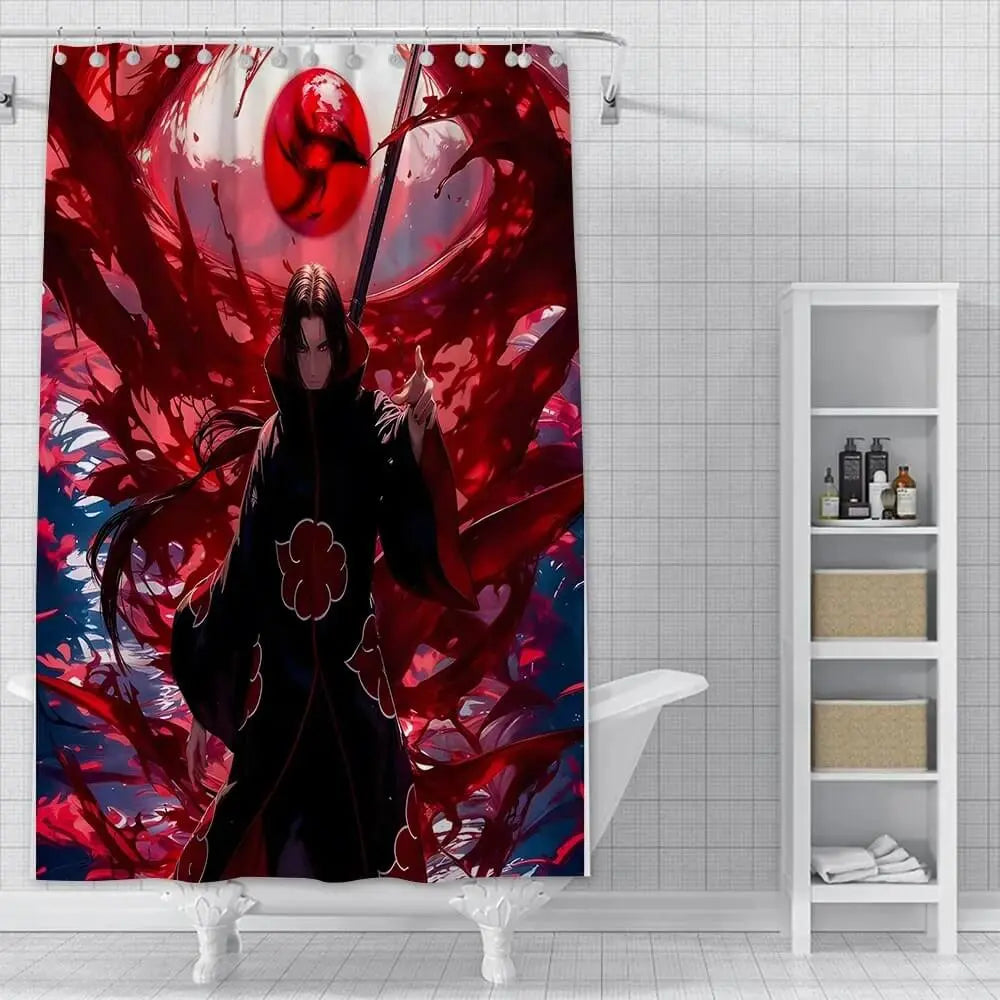 Itachi Uchiha anime shower curtain with Sharingan design
