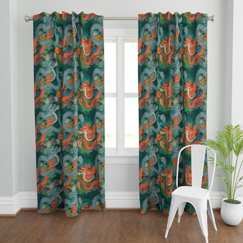 Japanese Dragon Curtain Panel - Folklore Maximalist Mythical Creatures Custom Curtain Panel - Ryu Ocean Dragon Blue