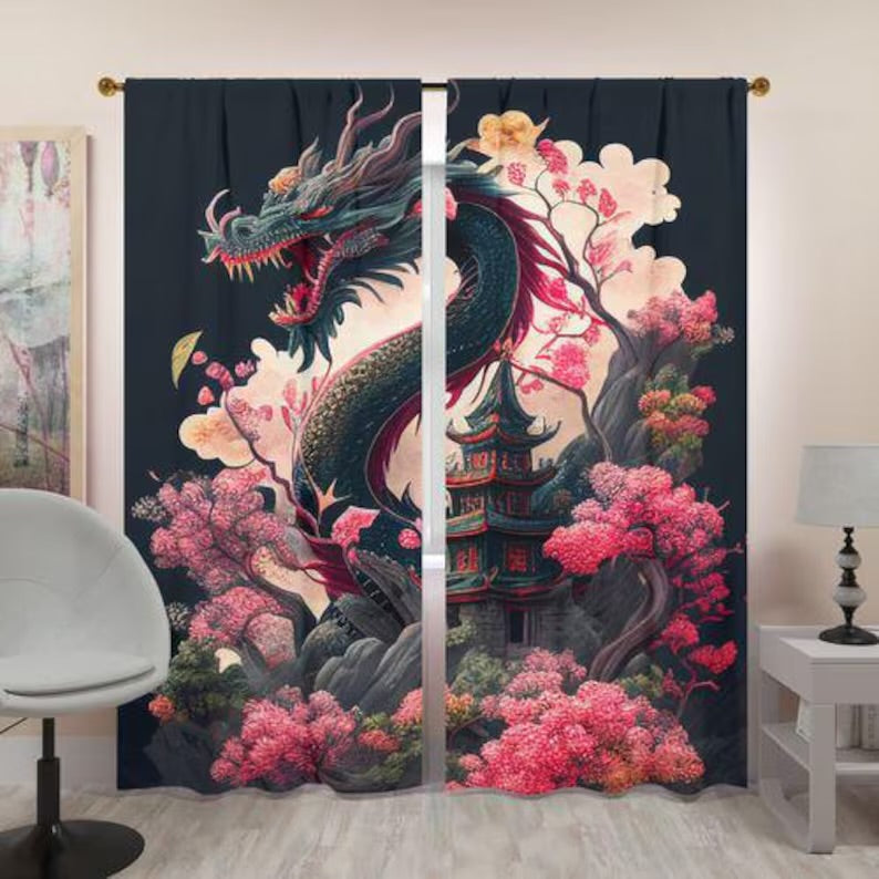 Japanese Dragon Window Curtains, Dragon Wall Art Decor For Home, Kids Bedroom Curtains With Dragons, Great Gift Idea
