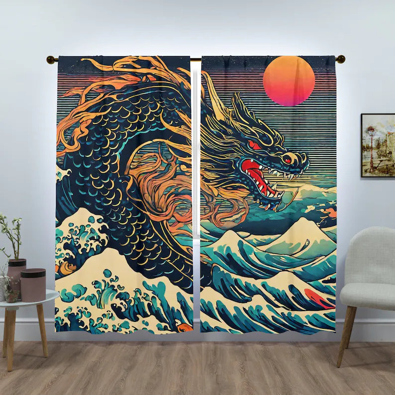 Japanese Dragon Window Curtains, Uukiyo-e Wall Art Decor For Home, Customized Wall Curtain Set, Great Gift Idea