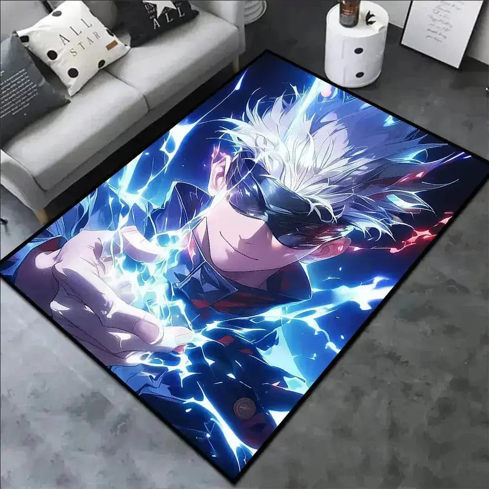 Jujutsu Kaisen rug with Satoru Gojo and Yuji Itadori artwork on floor in anime-themed bedroom