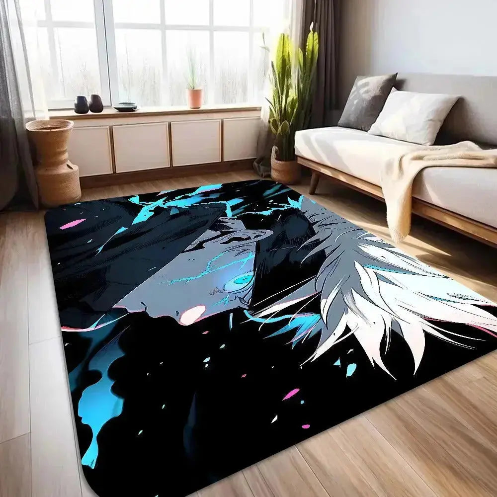 Satoru Gojo and Yuji Itadori anime carpet laid out in a cozy bedroom setting